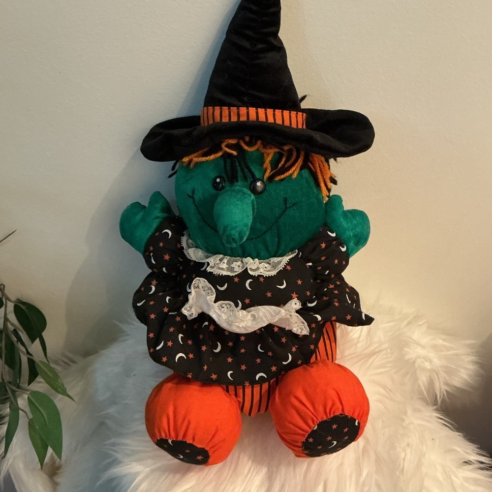 Dandee Halloween Witch Plush Doll 16” Black Hat Green Face Orange Outfit